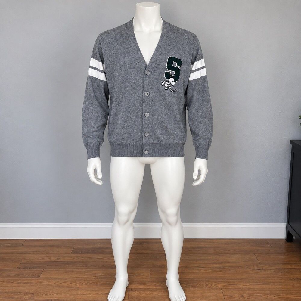 Aeropostale Snoopy Peanuts Hockey Cardigan Sweater Gray Academia Prep Large
